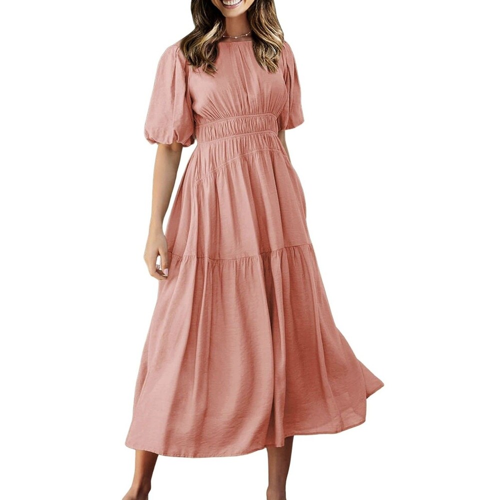 Smocked Tiered Midi Dress Pink/apricot Large-156